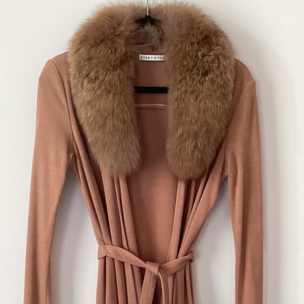 Alice and Olivia fur collar cascading belted cardigan